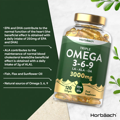 Omega 3 6 9 Capsules High Strength - 3000mg - 120 Softgels - Triple Omega 369