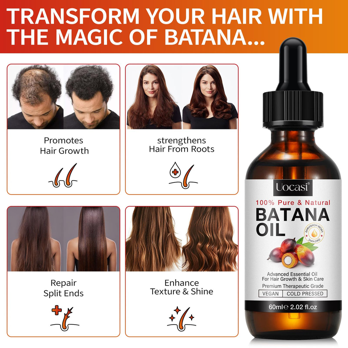 Uocasi Pure Batana Oil for Hair Growth, Unrefined Raw Oil to Thicken Hair - Natural Hair Strengthening Treatment, 2.02 Oz