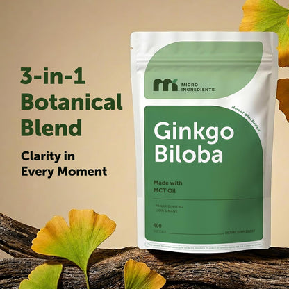 Micro Ingredients Ginkgo Biloba 120 mg Per Serving, 400 Softgels - 3-in-1 with Panax Ginseng & Lion’s Mane - Herbal Mushroom Blend - Made with MCT Oil - Non-GMO