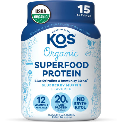 KOS Plant Based Protein Powder, Blueberry Muffin - Organic Pea Protein Superfood