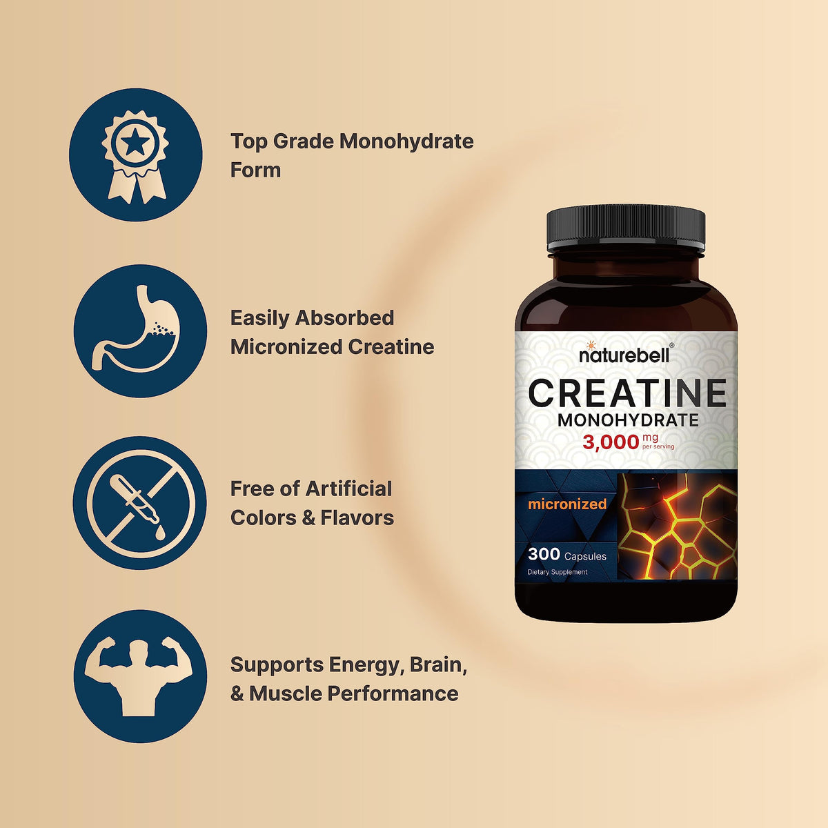 Creatine Monohydrate 3,000mg Per Serving, 300 Capsules - Micronized - Unflavored