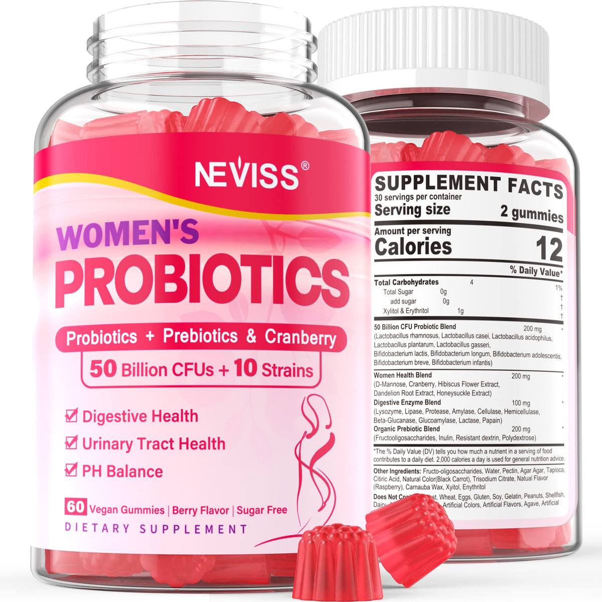 Probiotics for Women Gummies, Sugar Free Vaginal Probiotics 50 Billion CFU 10 Strains w/ Cranberry
