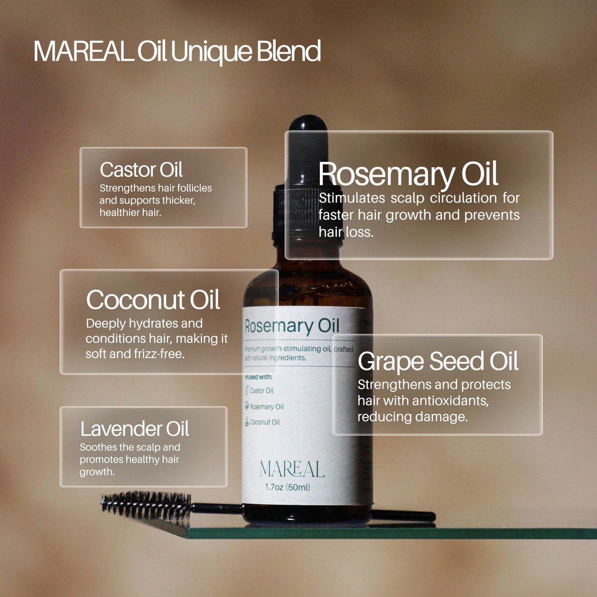MAREAL Pure Rosemary Oil for Hair Growth & Scalp Health - Infused with Castor & Coconut Oil - Hair Thickening & Regrowth Treatment for Women & Men - 100% Natural - Up to 2-Month Supply - 1.7 fl oz