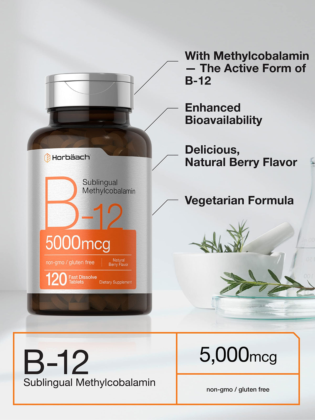 Horbäach B12 Sublingual Methylcobalamin - 5000mcg - 120 Fast Dissolve Tablets