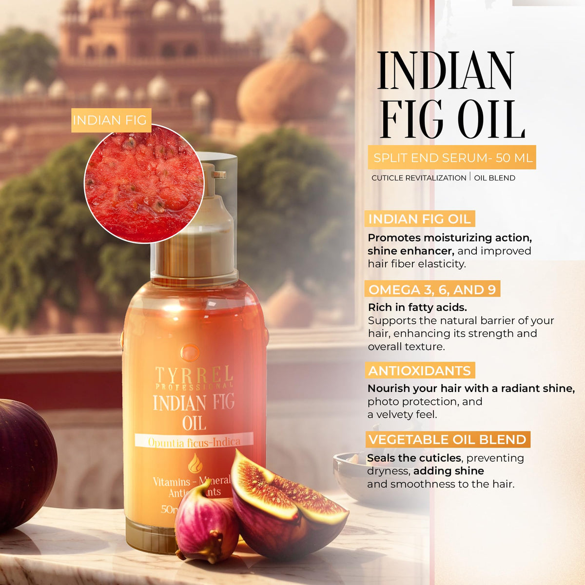 Fig Split End Repair Hair Oil 1.69 fl oz - Luxurious Fig Scent, High Cuticle Absorption, Protein Replacement, and Deep Nutrition - For Damaged Ends and Frizz Control - Tyrrel