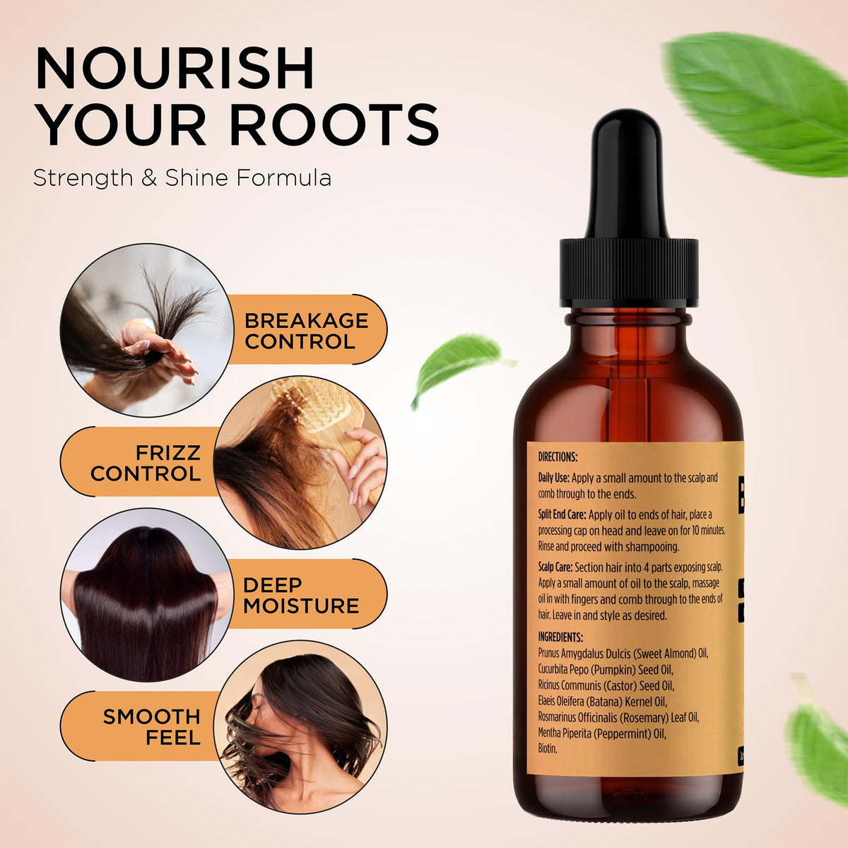 PRIME NATURAL Hair Oil - Batana, Rosemary, Pumpkin Seed, Castor, Almond & Peppermint Oil - Biotin Infused Frizzy & Dry Scalp Care - 2oz