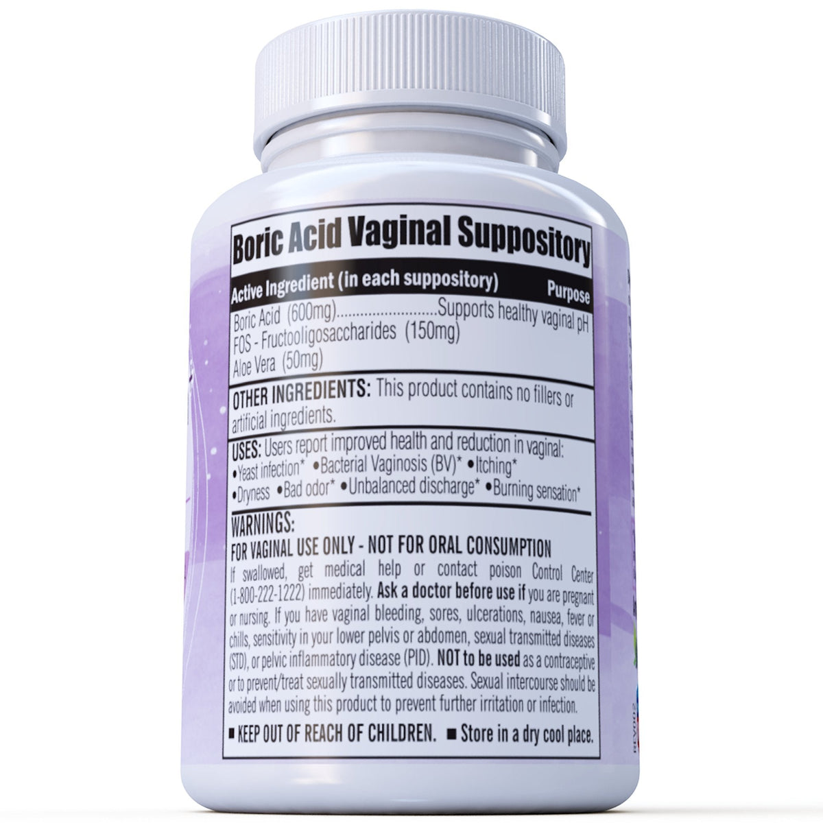 Boric Acid Vaginal Suppositories Plus Aloe Vera & FOS Probiotic Enhancer 800mg/, 30 Count All Natural