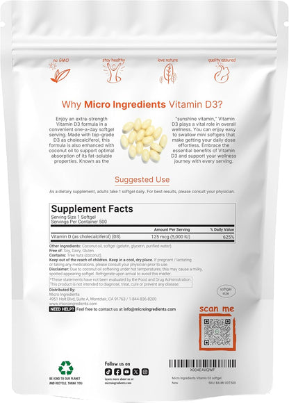 Micro Ingredients Vitamin D3 5,000 IU, 500 Softgels - Virgin Coconut Oil - Cholecalciferol Form - Bone, Immune & Heart Support - Easy to Swallow, Non-GMO