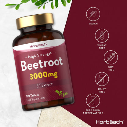 Beetroot Tablets 3000mg - 180 Count - High Strength 5:1 Extract Supplement - Nitric Oxide
