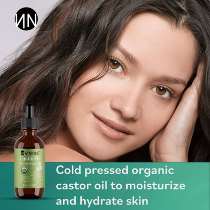 Natnique Castor Oil - USDA Certified Organic, 100% Pure Cold Pressed Unrefined Oil for Hair Growth, Eyelashes, Eyebrows & Scalp - Natural Skin Moisturizer, Lash Serum & Hair Treatment (2 Oz)