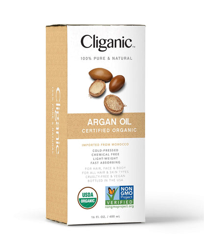 Cliganic Organic Argan Oil 16oz with Pump, 100% Pure - Bulk for Hair, Face & Skin