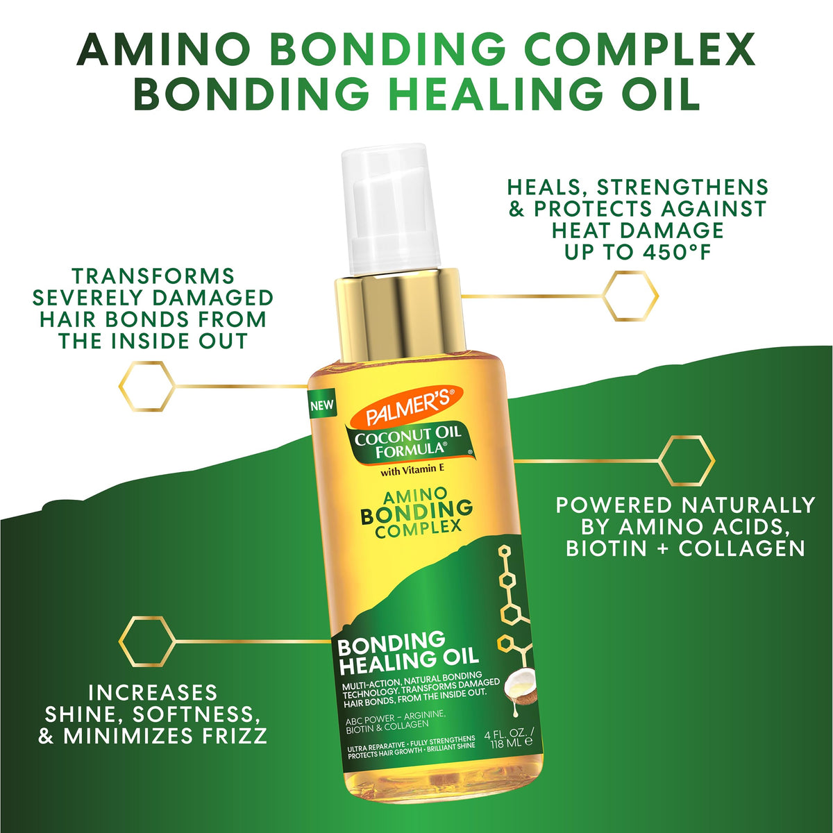 Palmer's Amino Bonding Complex Hair Oil, Healing Treatment with Coconut Oil & Vitamin E, Heat Protectant, Anti Frizz, Adds Shine, Strengthens & Protects Hair Growth, All Hair Types, 4 fl oz