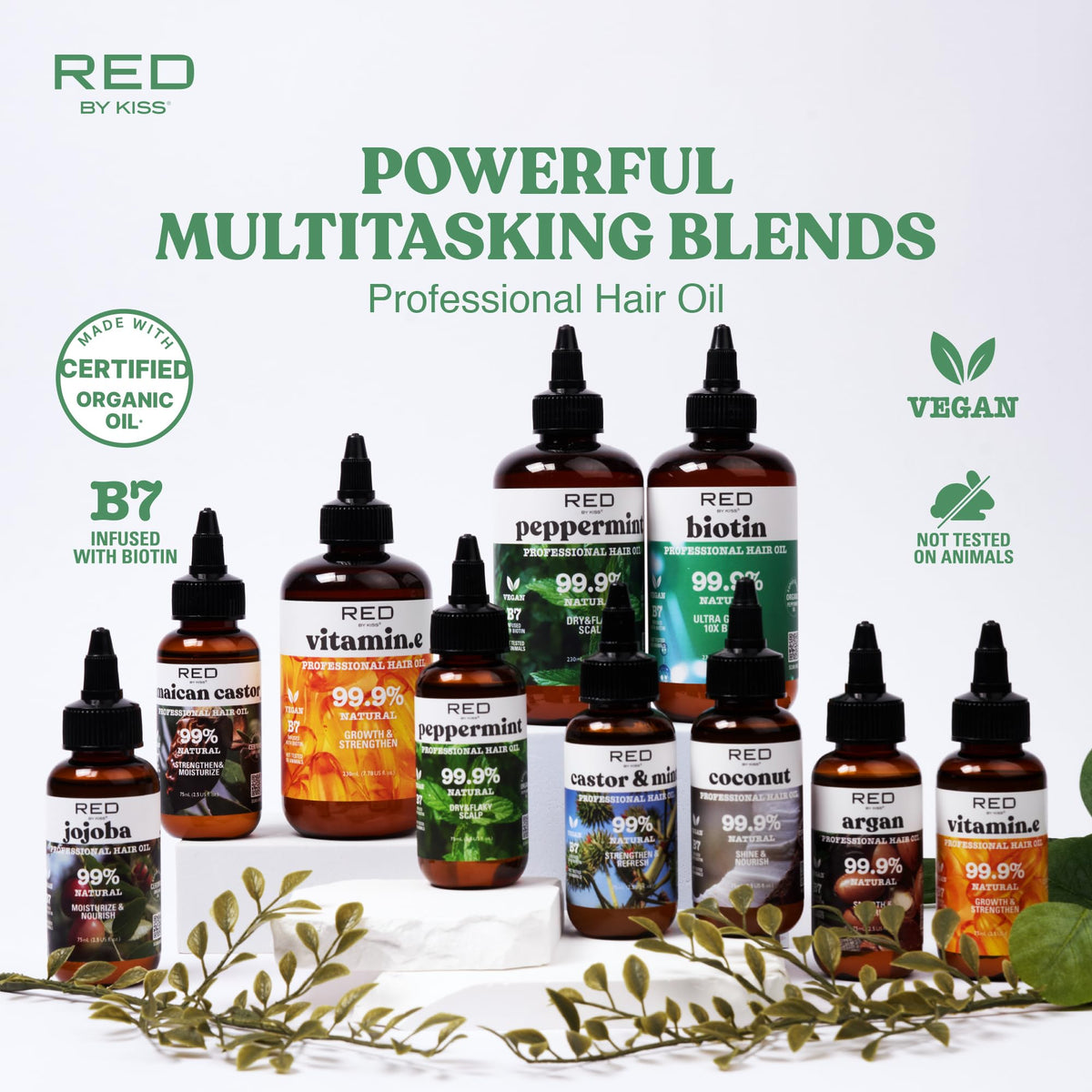 Red by Kiss Professional 99.9% Natural Hair Oil, Organic Vegan Oil Blend for Hair Growth & Refresh, Biotin Infused, Nourish & Add Shine & Smooth (Rosemary & Mint, 2.5 Fl Oz)