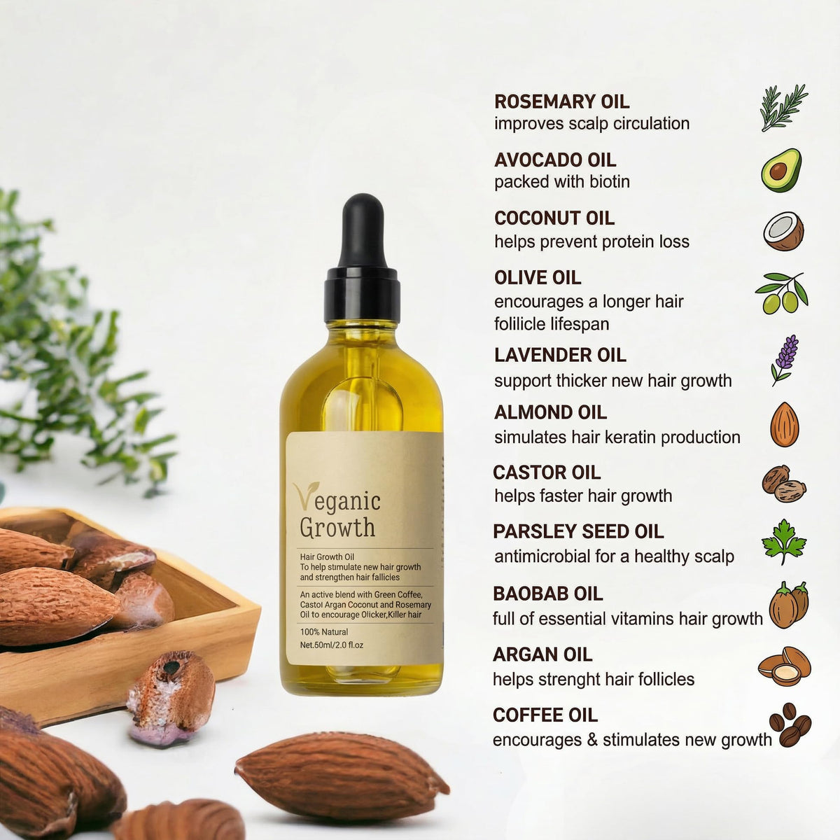 Veganic Natural Hair Growth Oil - Plant Based Vegan Formula, 11 Cold-Pressed Oils including Rosemary & Castor, Scalp Treatment for Reduced Shedding, hair oil for dry hair, Damaged & Split End (2 Oz)