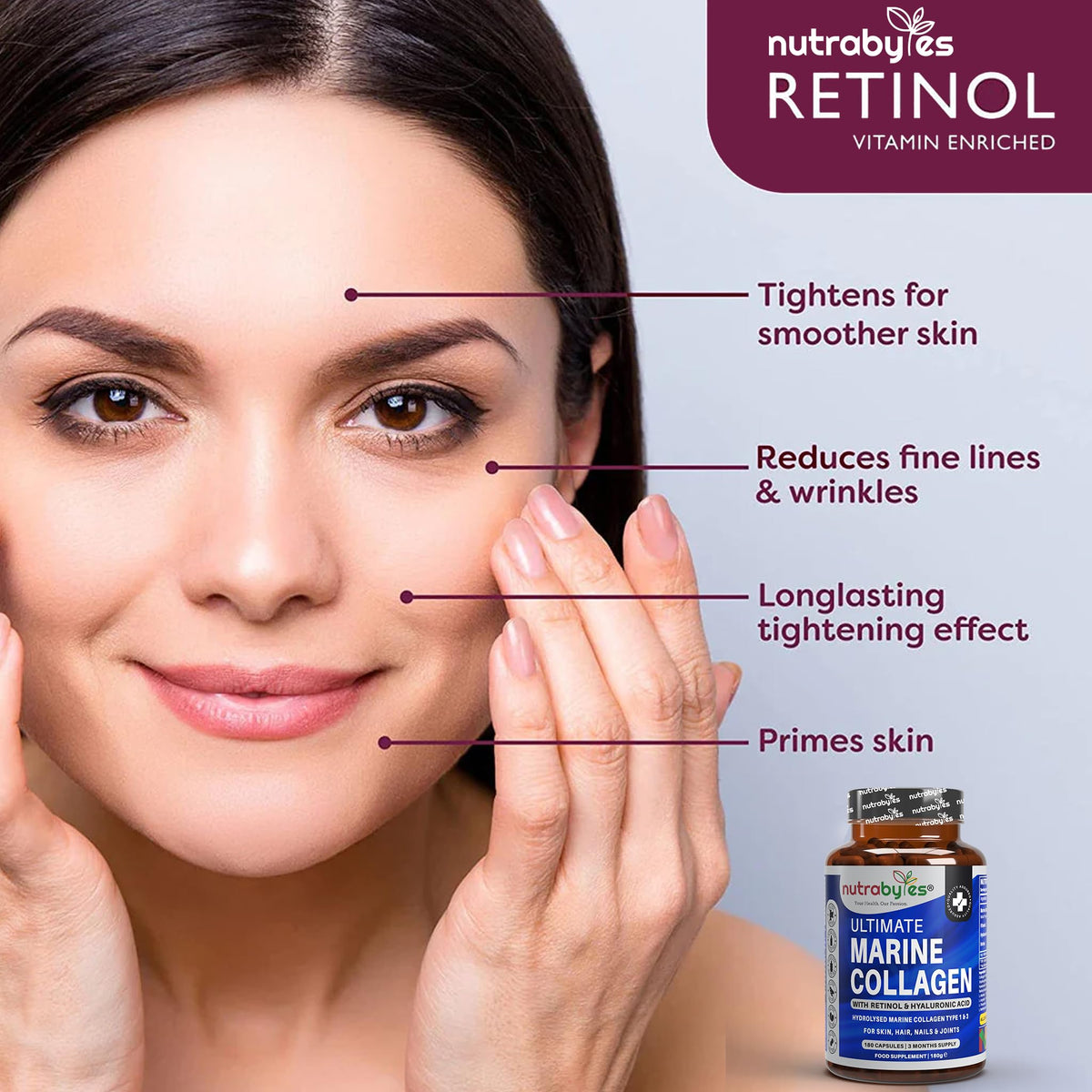 High Strength Marine Collagen with Hyaluronic Acid, Retinol and Vitamin C - 180 Capsules - 3 Months Supply