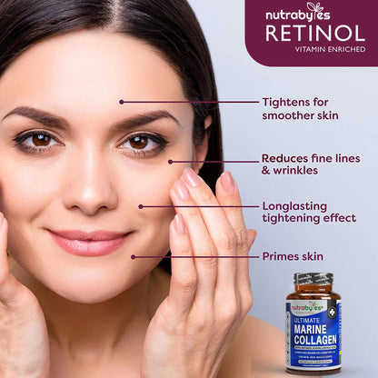 High Strength Marine Collagen with Hyaluronic Acid, Retinol and Vitamin C - 180 Capsules - 3 Months Supply