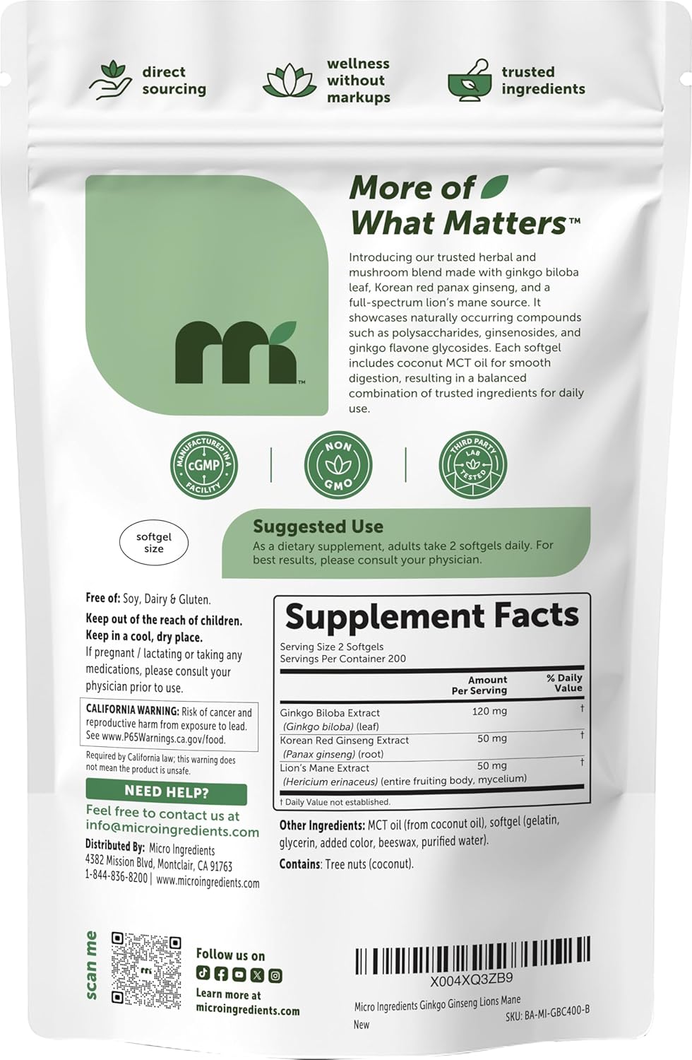 Micro Ingredients Ginkgo Biloba 120 mg Per Serving, 400 Softgels - 3-in-1 with Panax Ginseng & Lion’s Mane - Herbal Mushroom Blend - Made with MCT Oil - Non-GMO