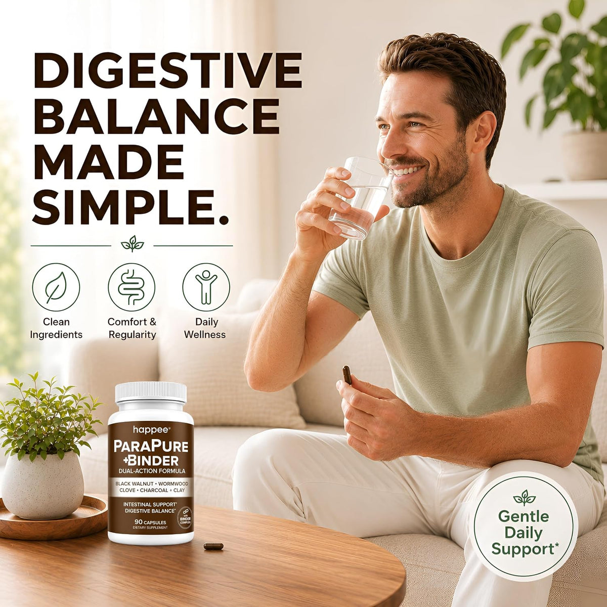 Happee ParaPure Cleanse with Binder for Humans, Intestinal Support, 2-in-1 - Wormwood, Black Walnut, Clove with Charcoal Binder for Digestive Balance (No Stack Needed) 90 Capsules