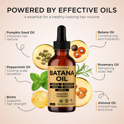 PRIME NATURAL Hair Oil - Batana, Rosemary, Pumpkin Seed, Castor, Almond & Peppermint Oil - Biotin Infused Frizzy & Dry Scalp Care - 2oz