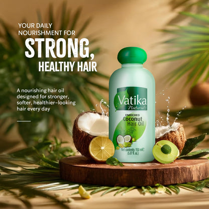 Dabur Vatika Naturals Enriched Coconut Hair Oil with Coconut, Amla & Henna to Nourish & Strengthen Hair & Scalp for Healthy, Radiant Hair for Kids, Women & Adults, Ayurvedic Hair Care Oil