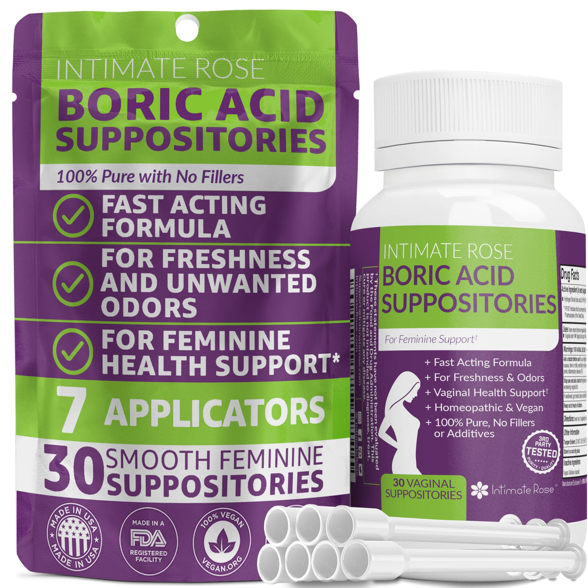 Intimate Rose Boric Acid Suppositories + 15 Count Vaginal Suppository Applicator + pH Test Strips