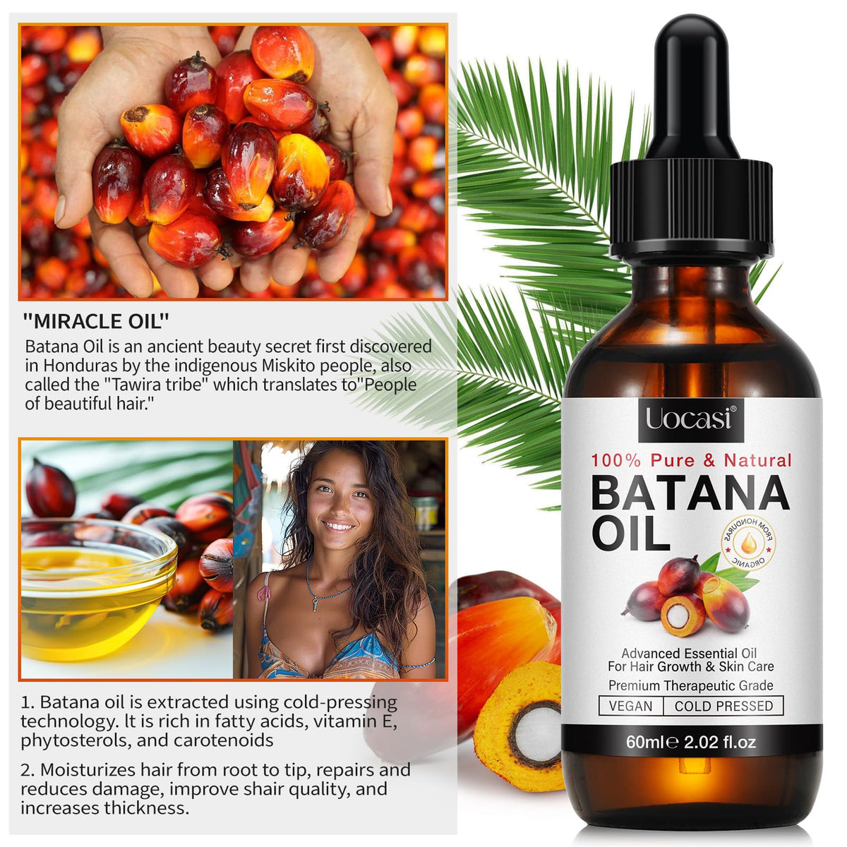 Uocasi Pure Batana Oil for Hair Growth, Unrefined Raw Oil to Thicken Hair - Natural Hair Strengthening Treatment, 2.02 Oz
