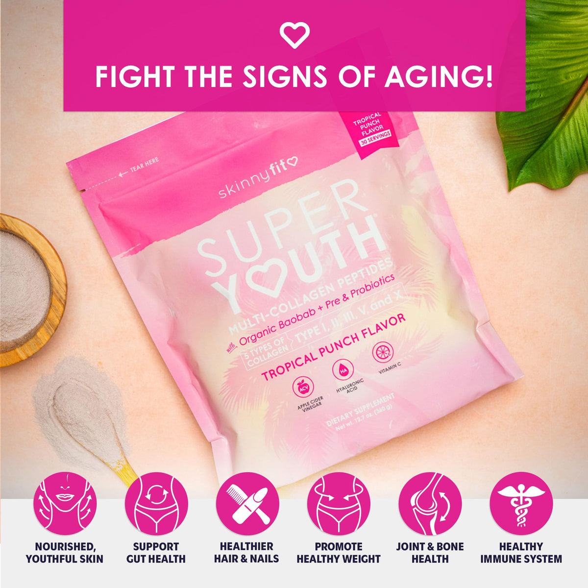 SkinnyFit Super Youth Tropical Punch Multi-Collagen Peptides + Probiotics, Baobab Fiber