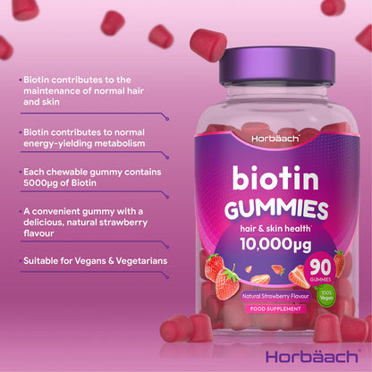 Biotin Gummies 10,000mcg - 90 Vegan Vitamins - Natural Strawberry Flavour