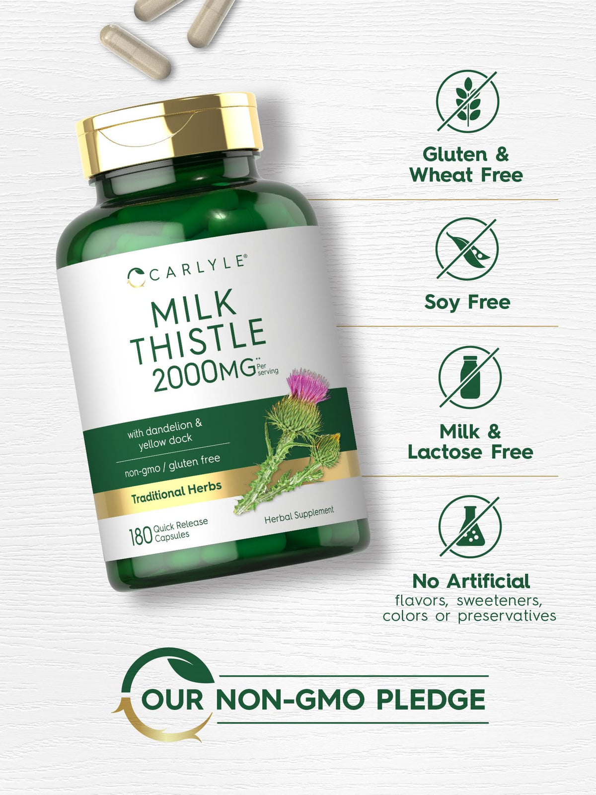Carlyle Milk Thistle 2000mg - 180 Capsules - with Dandelion & Yellow Dock - Non-GMO