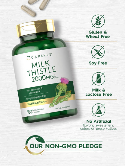 Carlyle Milk Thistle 2000mg - 180 Capsules - with Dandelion & Yellow Dock - Non-GMO