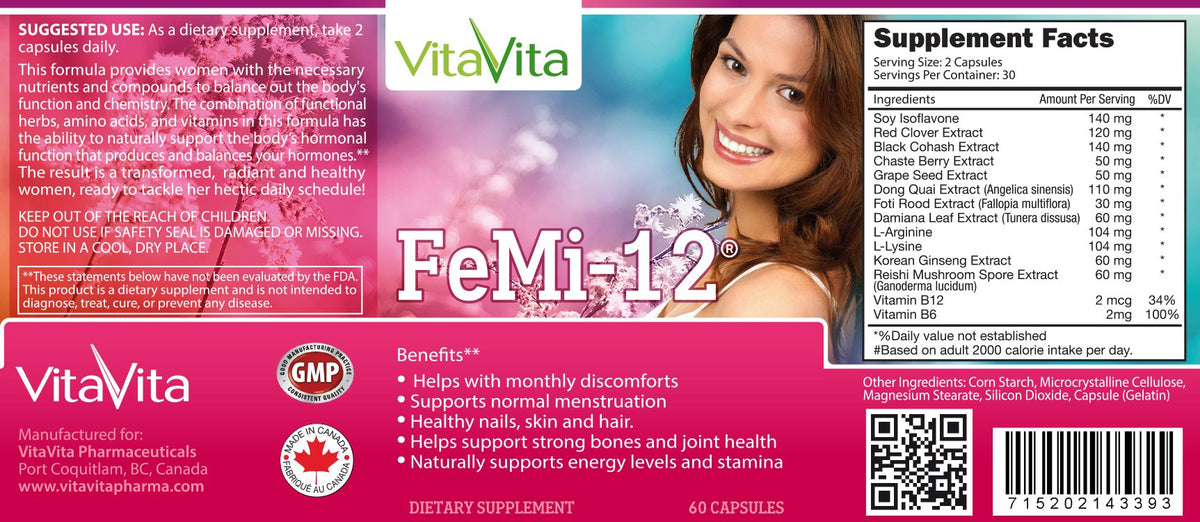 FeMi-12, Helps Alleviate Women's Monthly Period Discomforts & Supports Normal Menstruation (60 Capsules)