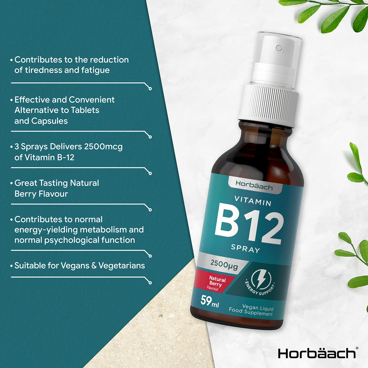 Vitamin B12 Spray 2500mcg - 59ml - High Strength Supplement - Natural Berry Flavour