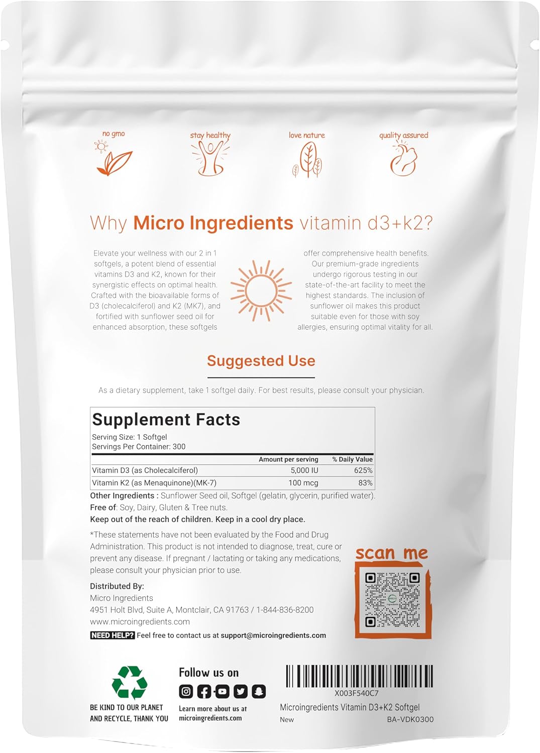 Micro Ingredients Organic Chlorella Spirulina 3000mg Tablets & Vitamin D3 5000iu + K2 100mcg Bundle 2 Pack - Cracked Cell Wall, Rich in Vegan Protein & Chlorophyll - Essential Sunshine Vitamins