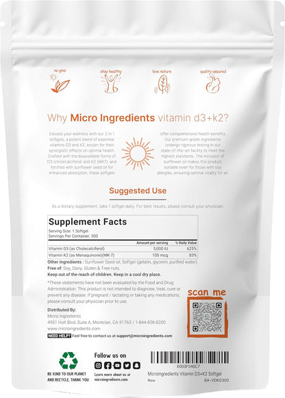 Micro Ingredients Organic Chlorella Spirulina 3000mg Tablets & Vitamin D3 5000iu + K2 100mcg Bundle 2 Pack - Cracked Cell Wall, Rich in Vegan Protein & Chlorophyll - Essential Sunshine Vitamins