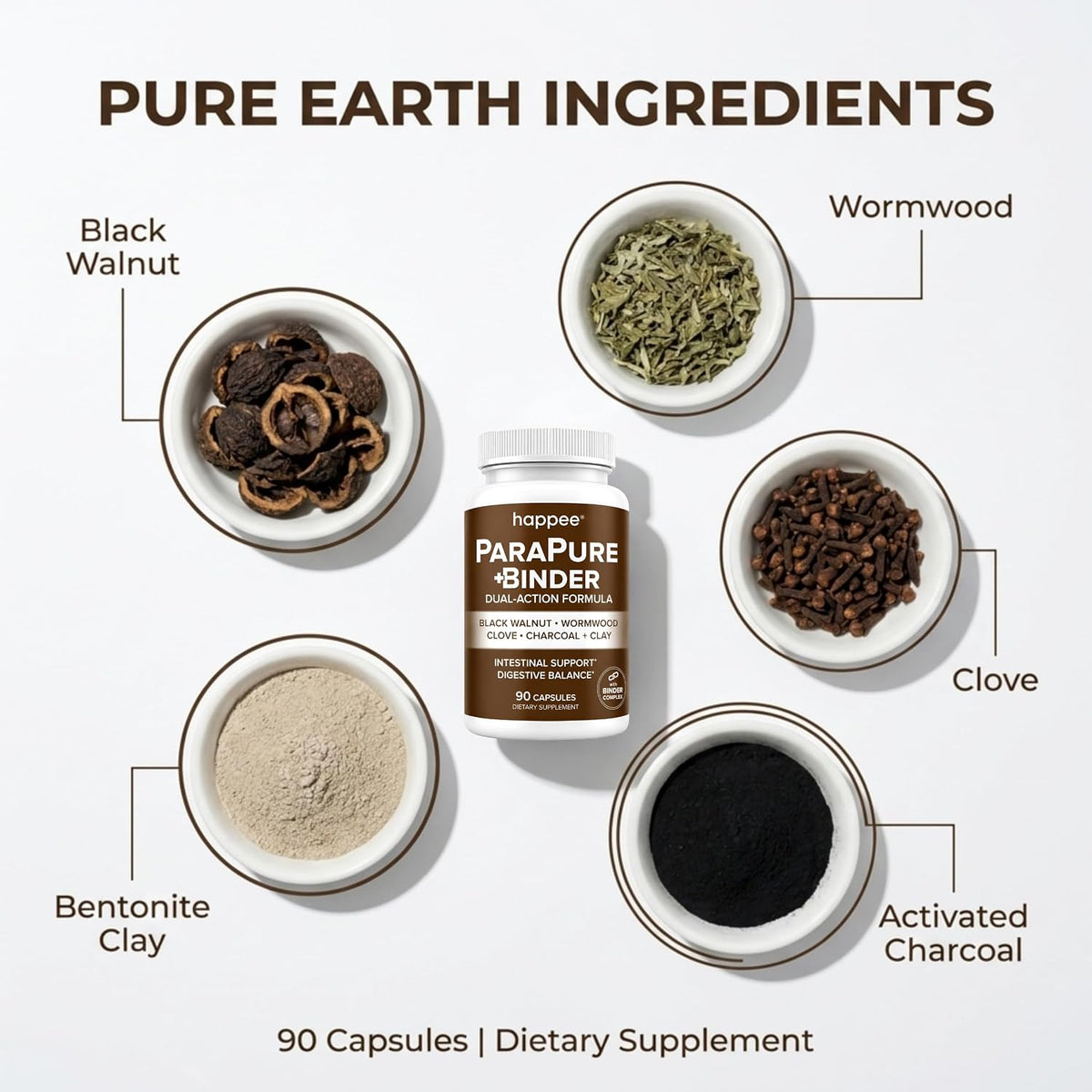 Happee ParaPure Cleanse with Binder for Humans, Intestinal Support, 2-in-1 - Wormwood, Black Walnut, Clove with Charcoal Binder for Digestive Balance (No Stack Needed) 90 Capsules