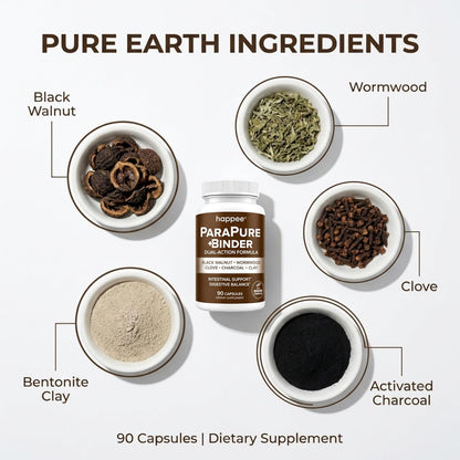Happee ParaPure Cleanse with Binder for Humans, Intestinal Support, 2-in-1 - Wormwood, Black Walnut, Clove with Charcoal Binder for Digestive Balance (No Stack Needed) 90 Capsules