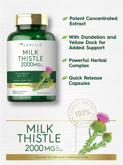 Carlyle Milk Thistle 2000mg - 180 Capsules - with Dandelion & Yellow Dock - Non-GMO