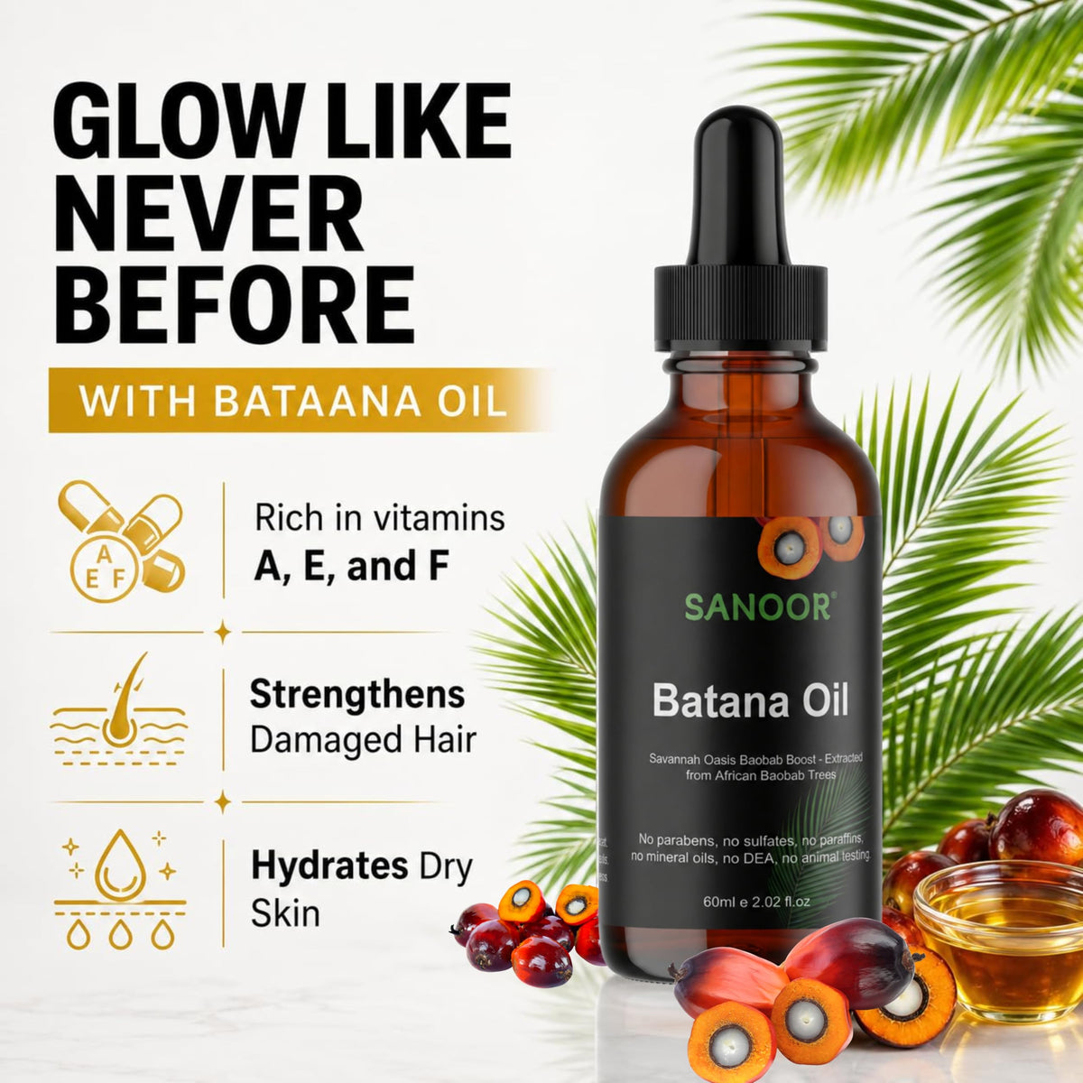 SANOOR Batana Oil for Hair, Lash, Brow & Skin Care, Premium Cosmetic Oil for Scalp Massage, Hair Lengths, Ends, Eyebrows, Eyelashes & Dry-Feeling Skin, 60 ml