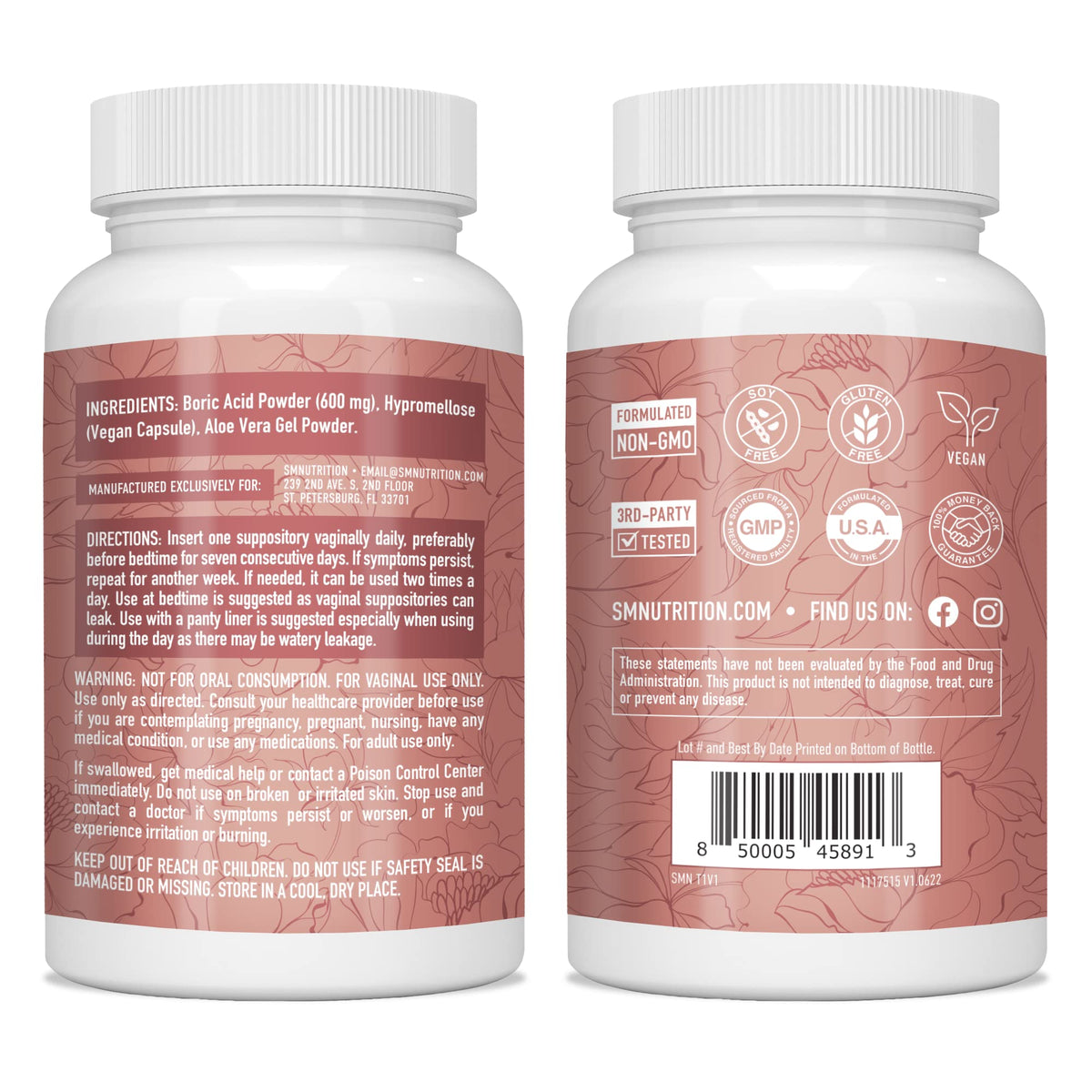 Boric Acid Suppositories for Women - 600mg - for pH Balance, Vaginal Odor & Itching - Feminine Intimate Health