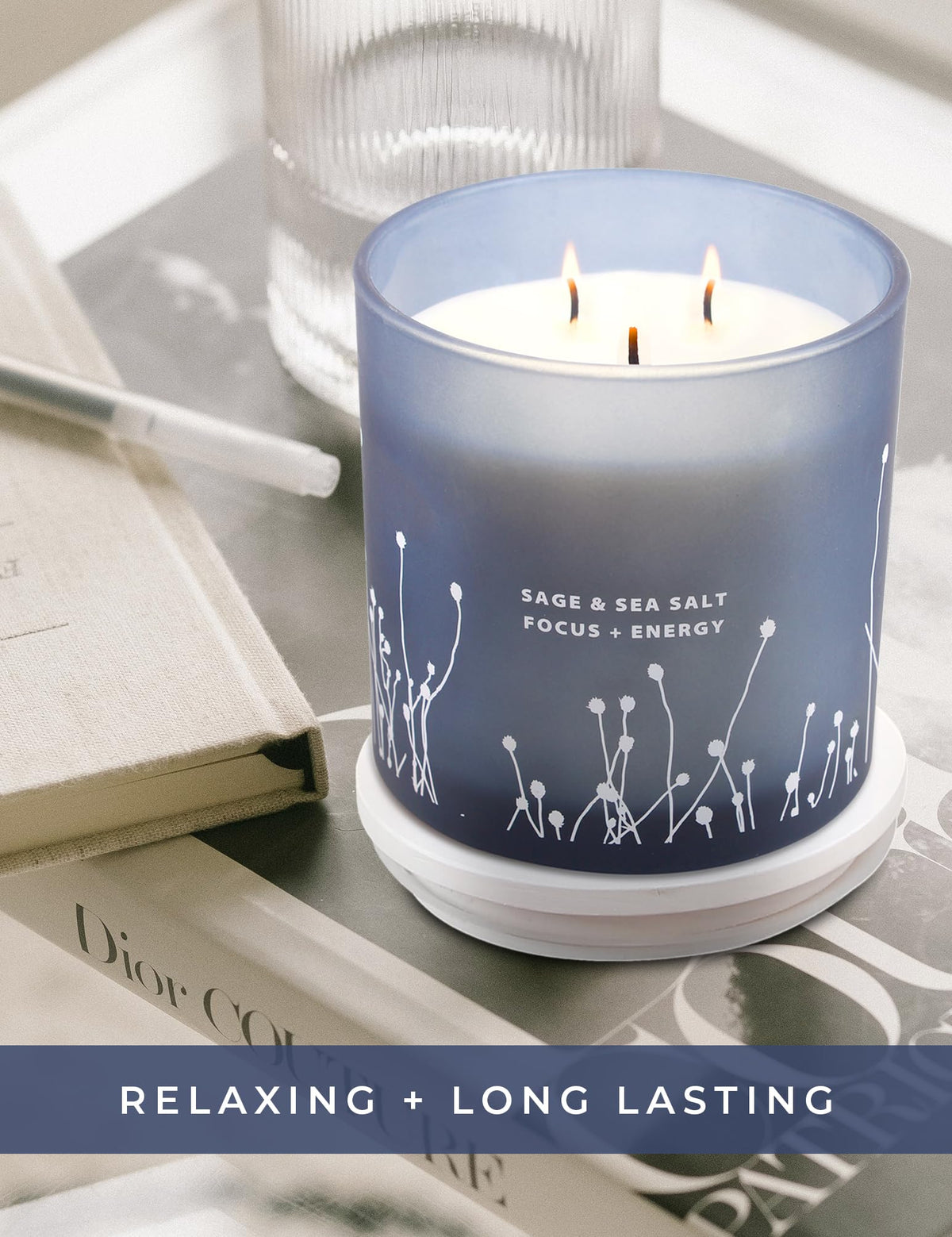 White Sage Sea Salt 3 Wick Candle 14.5 oz - Sage Candles for Cleansing House - Large Soy Candles