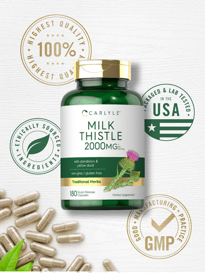 Carlyle Milk Thistle 2000mg - 180 Capsules - with Dandelion & Yellow Dock - Non-GMO