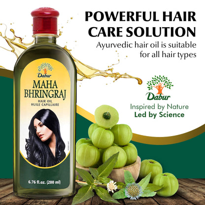 Dabur Maha Bhringraj Herbal Ayurvedic Hair Oil - Infused with Bhringraj Oil for Scalp Nourishment, Soft and Manageable Strands - Oils for Hair and Scalp Massage - 200ML (6.76 fl oz)