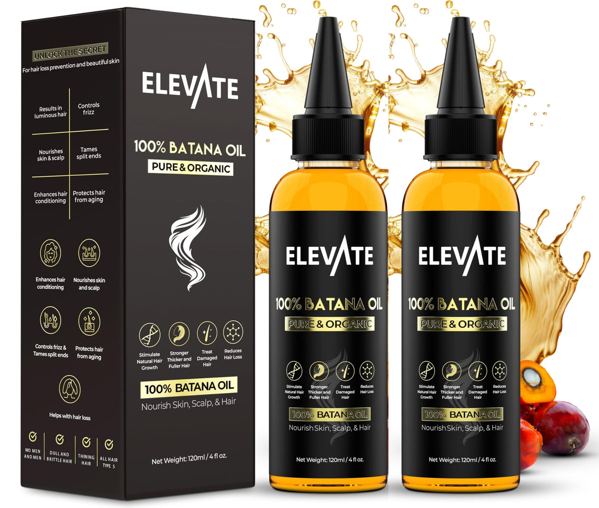 Elevate Batana Oil for Hair Growth - 100% Pure & Natural Raw Organic Oil from Honduras - Cold Pressed & Chemical-Free Serum for Thickness & Scalp Care Skin - Thicker Stronger Hair - 1 Pack - 4 Fl Oz