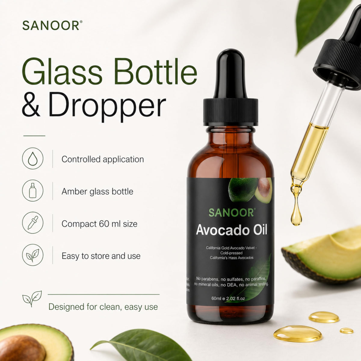SANOOR Avocado Oil, Premium Carrier Oil for Hair, Skin & Body Care, Cold-Pressed Avocado Oil, Lightweight Oil for Massage, Hair Lengths, Scalp & Dry-Feeling Skin, Hexane-Free, 60 ml
