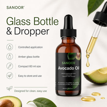 SANOOR Avocado Oil, Premium Carrier Oil for Hair, Skin & Body Care, Cold-Pressed Avocado Oil, Lightweight Oil for Massage, Hair Lengths, Scalp & Dry-Feeling Skin, Hexane-Free, 60 ml
