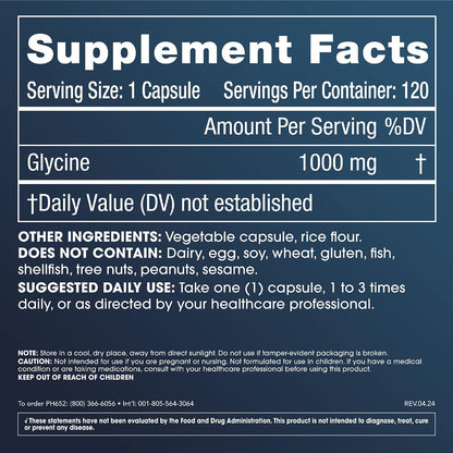 ProHealth Pure Glycine, 1000 mg Per Capsule - Promotes Restful Sleep & Morning Wakefulness, Supports Relaxation - Clinically Studied - Third-Party Tested - 120 Capsules