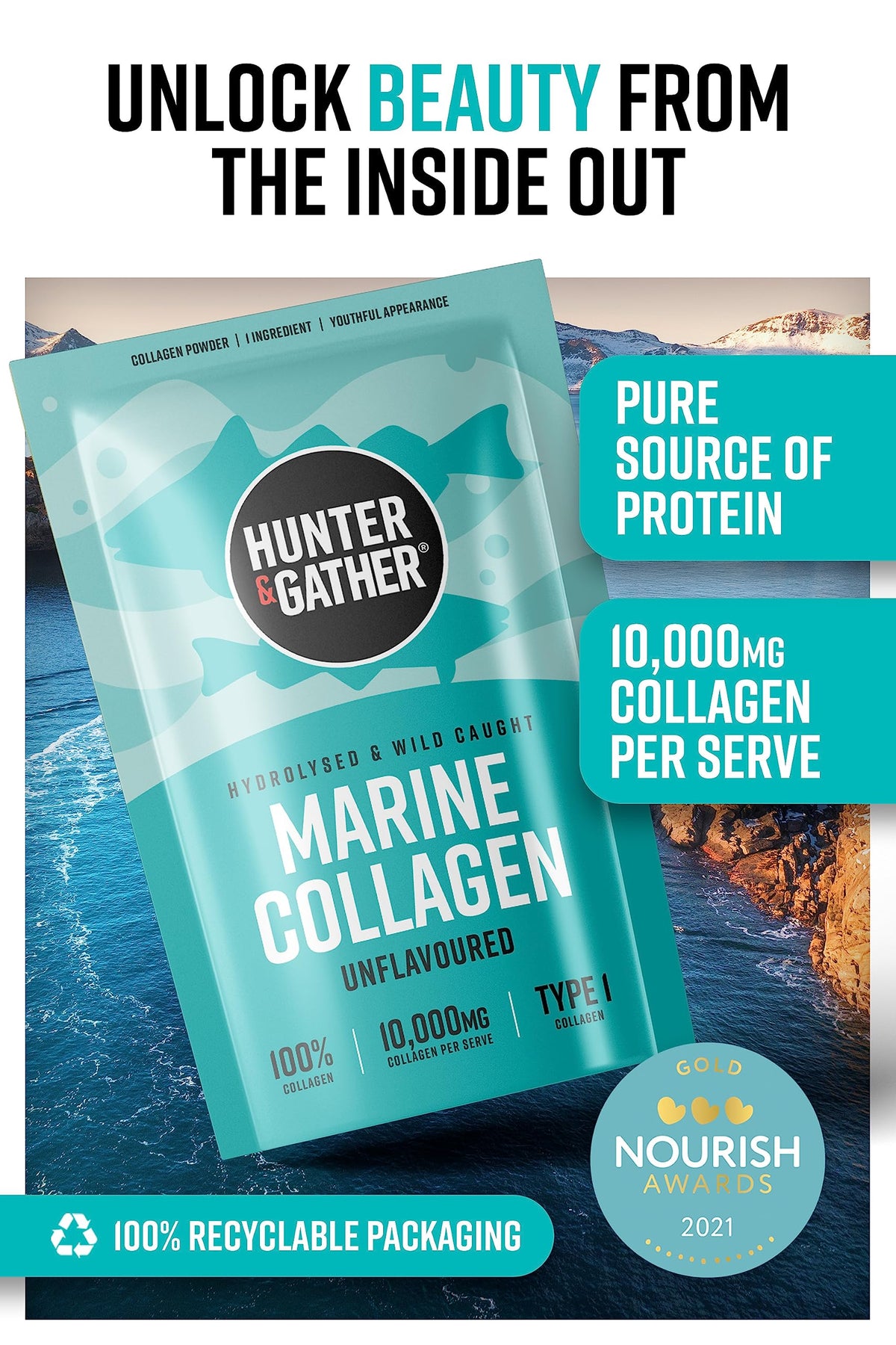 Hunter & Gather Marine Collagen Powder 300g - Pure Unflavoured Premium Hydrolysed Wild Caught Marine Collagen
