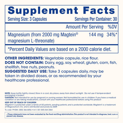 Magnesium L-Threonate Supplement (Magtein), 90 Capsules - Clinically Supported for Brain Health - Optimize Learning, Memory & Focus - 3rd Party Tested (3 Pack)