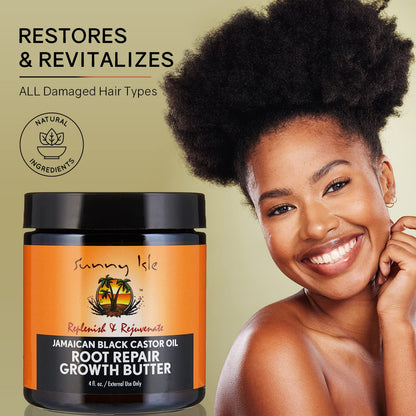 Sunny Isle Jamaican Black Castor Oil Root Repair Growth Butter 4oz - Restores & Revitalizes ALL Damaged Hair Types - Nutrient-Rich, Stimulates Hair Growth - Fights Dry, Itchy, Flaky Scalp