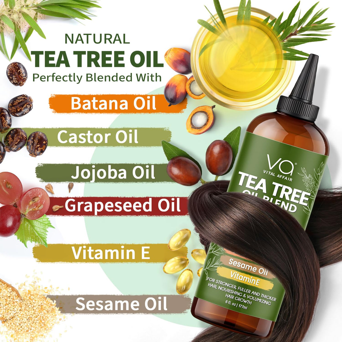 VITAL AFFAIR Tea Tree Oil For Hair With Jojoba, Castor, Batana Oil - Tea Tree Hair And Scalp Treatment - Hair Oil For Dandruff - Helps Strengthen, Volumize & Promotes Hair Growth - 6 Fl Oz
